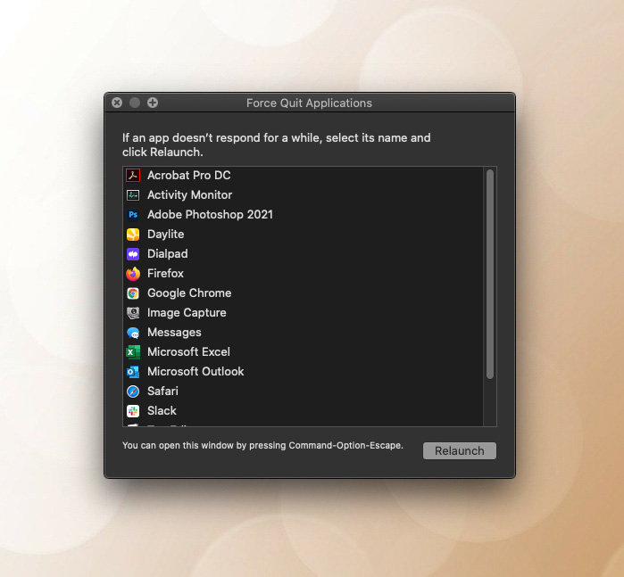 A screenshot of a window that says force quit applications