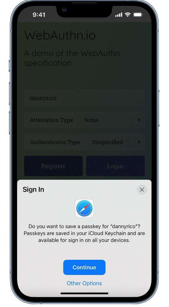 A screenshot of a webauthnio app on a cell phone.