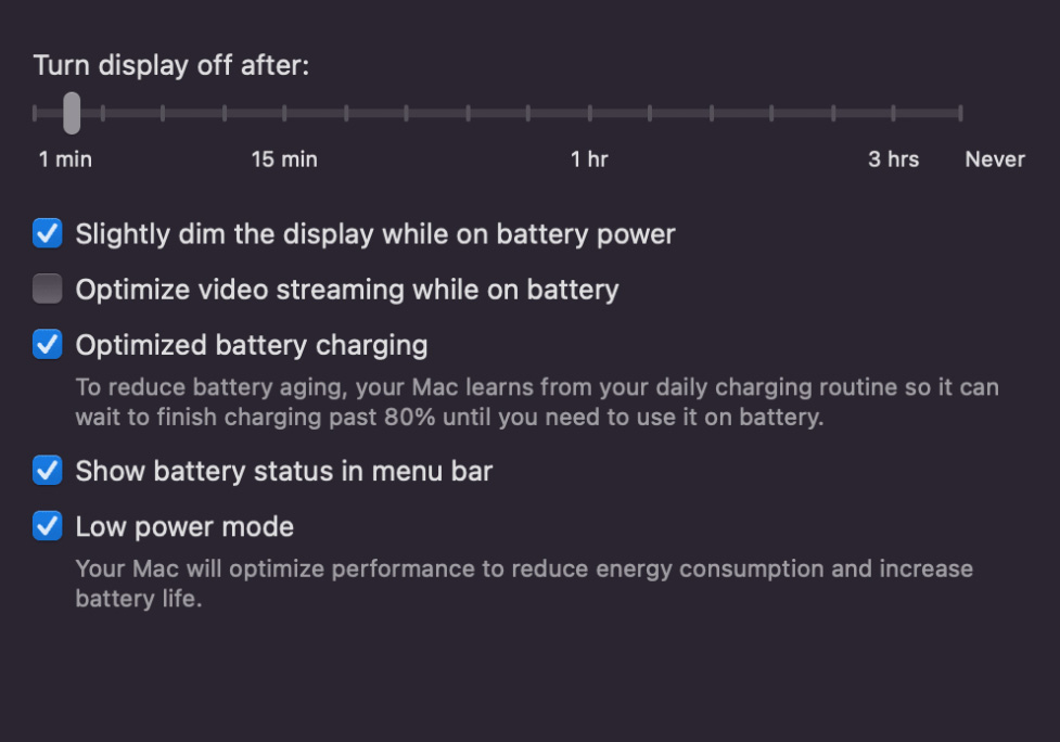 A screen that says turn display off after slightly dim the display while on battery power