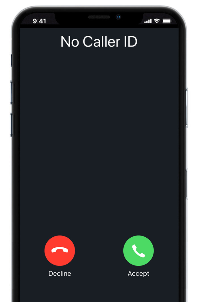 A cell phone with a no caller id displayed on the screen.