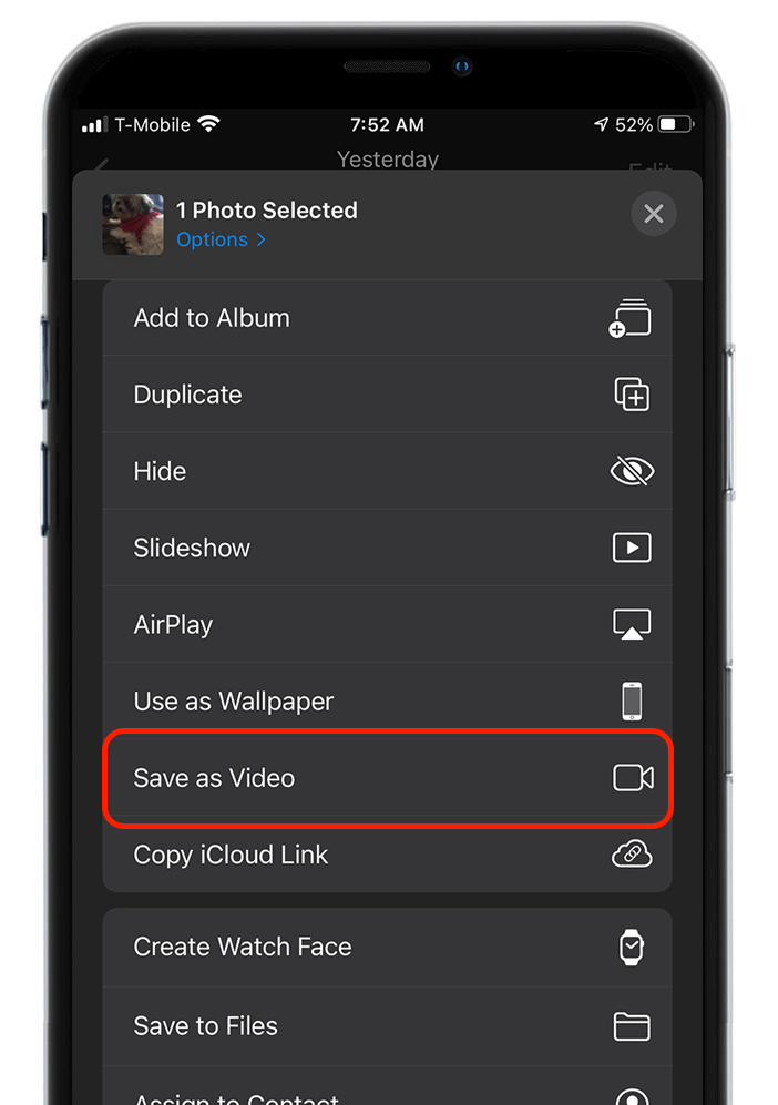 A screenshot of a cell phone with a red circle around the save as video option.