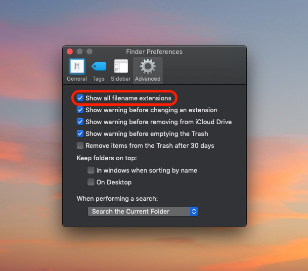 A screen shot of the finder preferences window