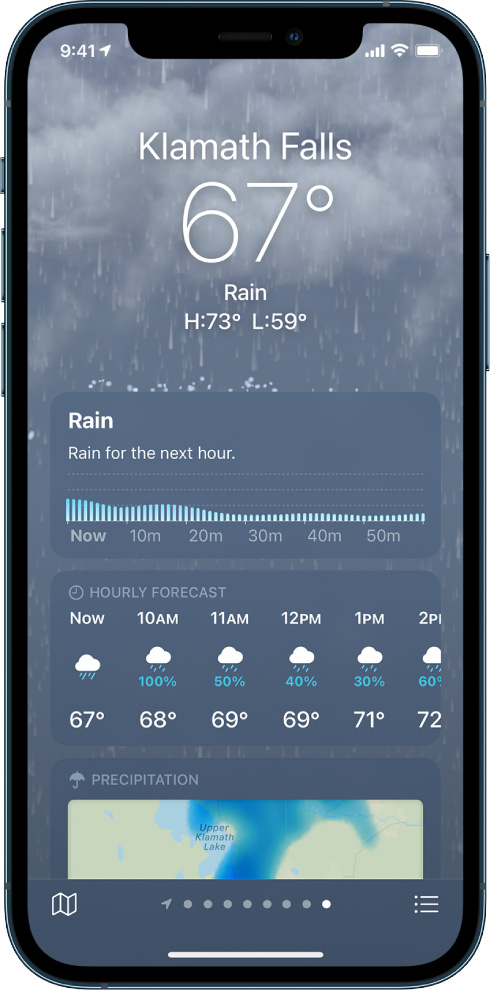 A cell phone screen shows the weather for klamath falls.