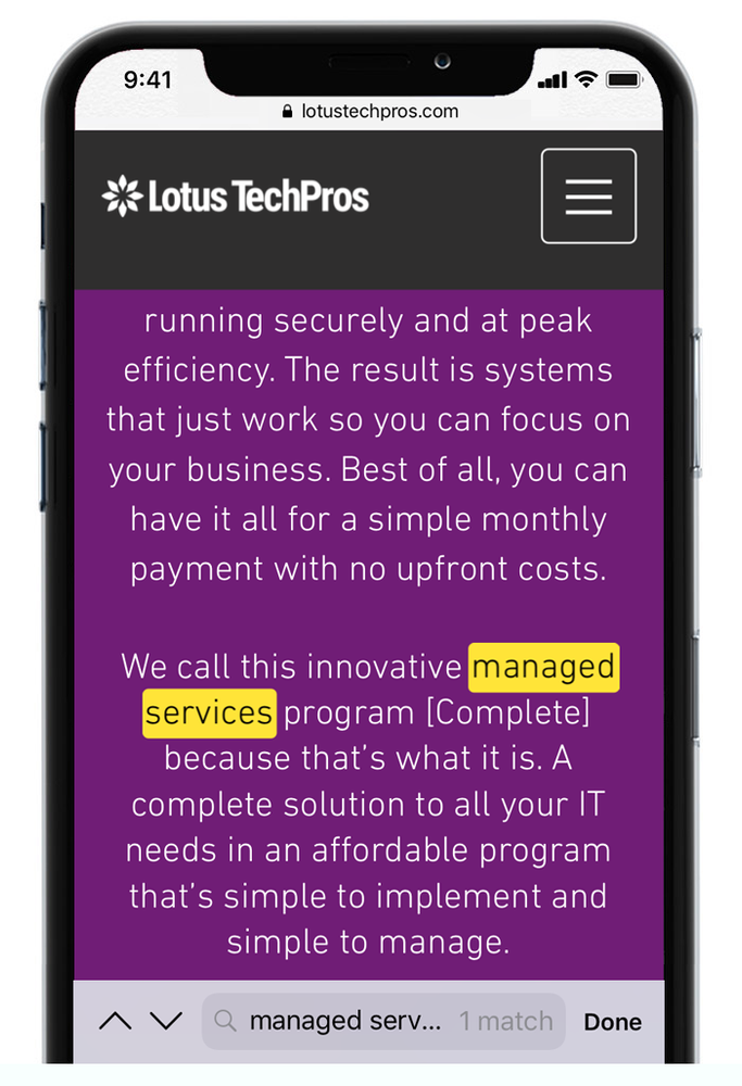 A cell phone with a lotus tech pros website on it.