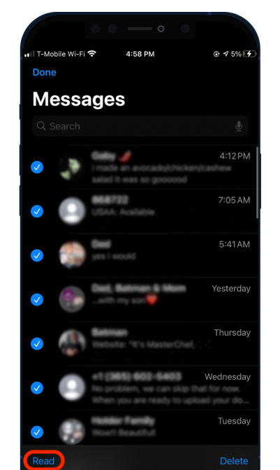 A phone screen shows a list of messages and a button that says read