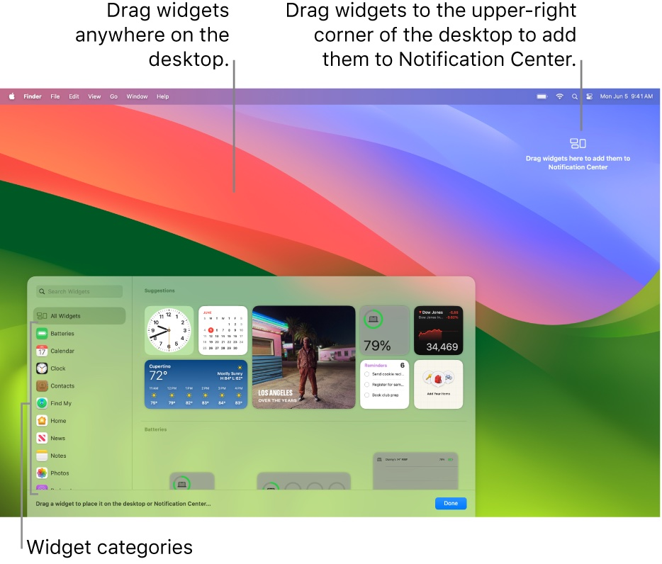 Drag widgets to the upper right corner of the desktop to add them to notification center