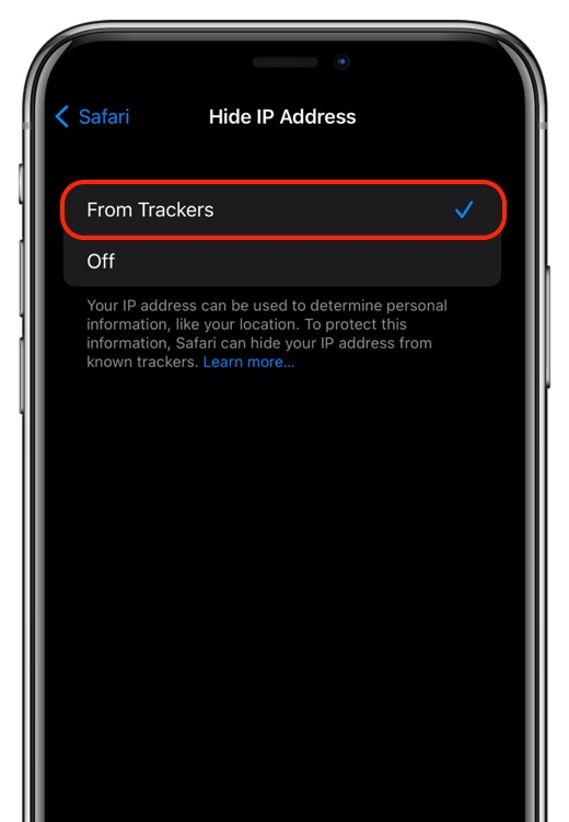 A screenshot of the hide ip address screen on an iphone.