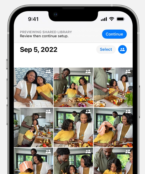 A cell phone with a previewing shared library app open on it.