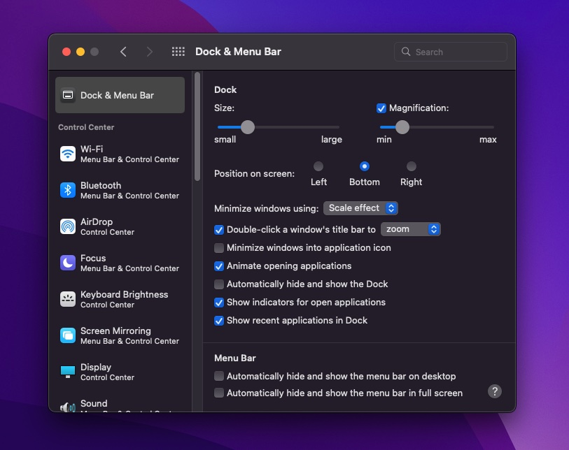 A screenshot of the dock and menu bar on a computer.