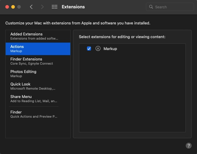 A screenshot of a mac with extensions from apple and software you have installed