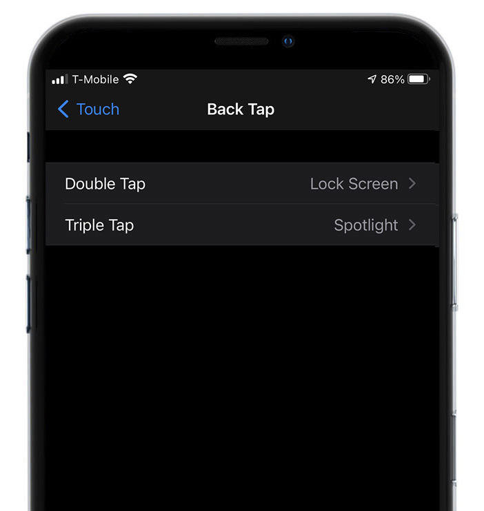 A cell phone with the back tap app open on it.