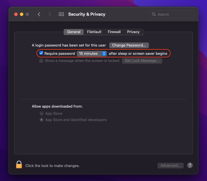 A screenshot of the security and privacy screen on a mac