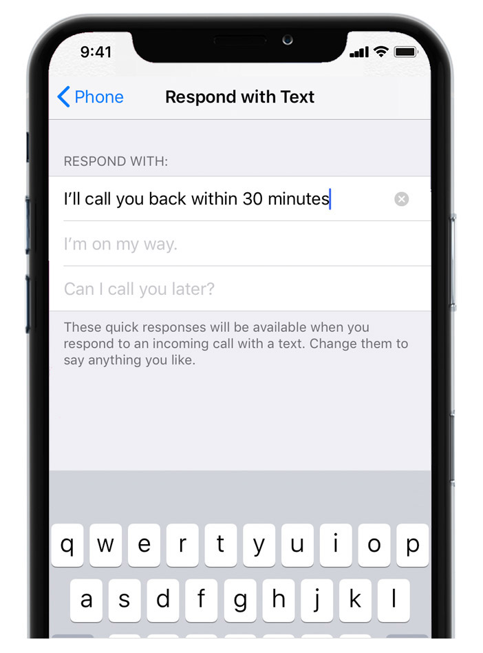 A phone with a keyboard on it that says respond with text.