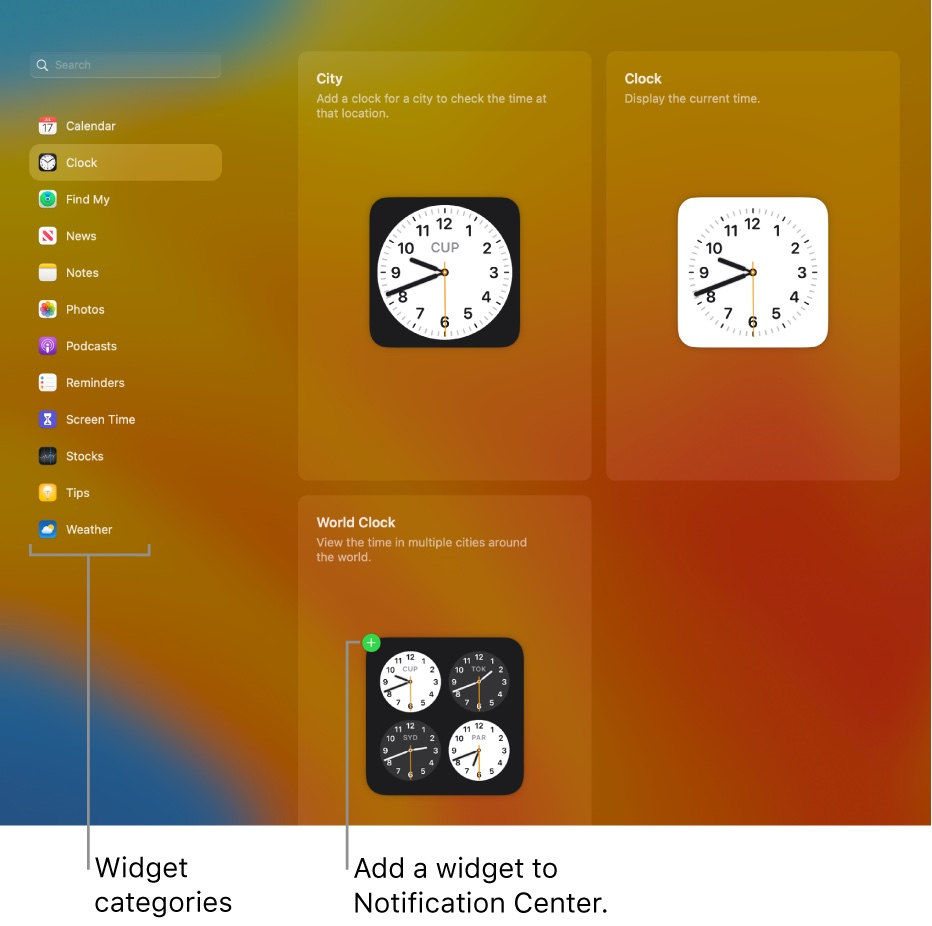 A screenshot of the widget categories and how to add a widget to the notification center