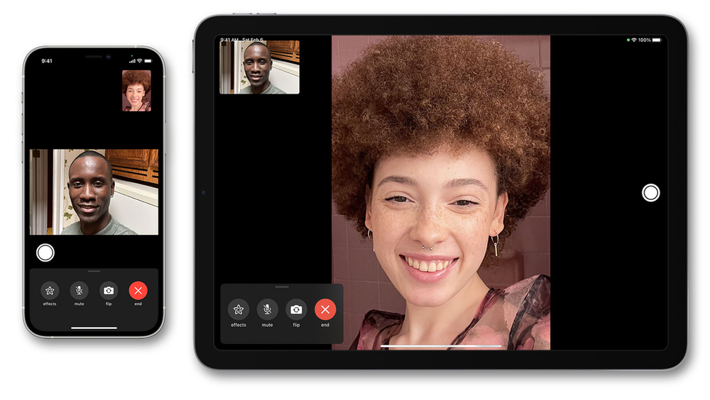 A man and a woman are having a video call on a tablet and phone.