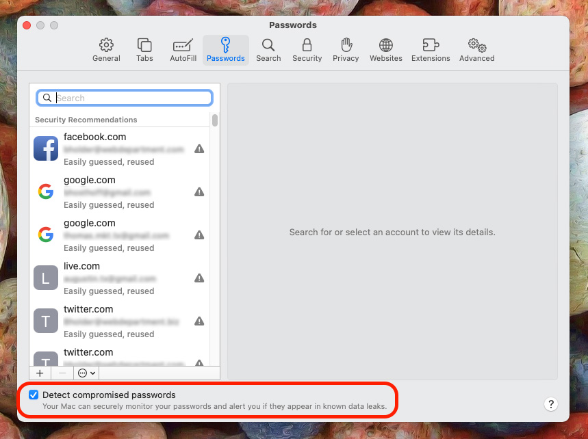 A computer screen shows a list of passwords including facebook and google