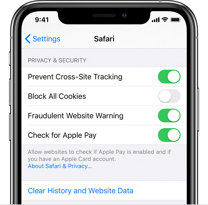 A screenshot of the safari settings page on an iphone.