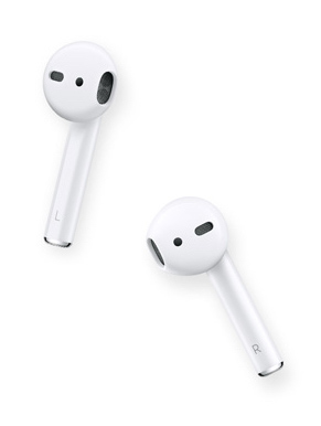 A pair of white airpods with a charging case on a white background.