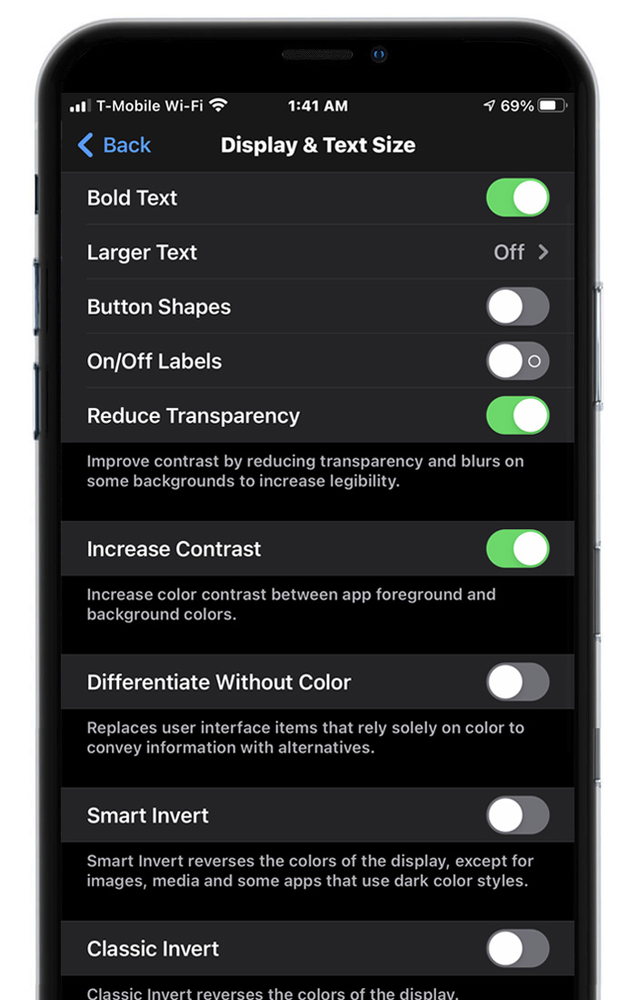 A screenshot of the display and text size settings on an iphone.
