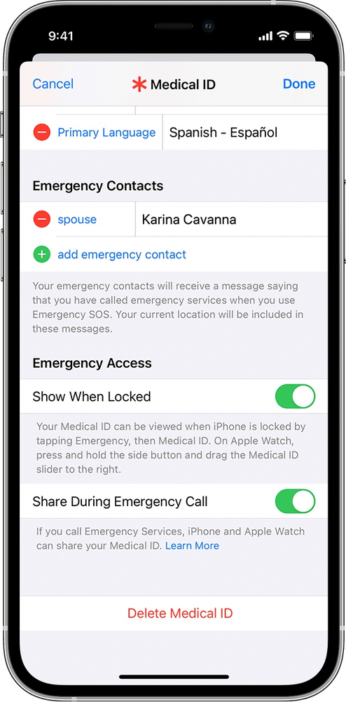 A screenshot of the medical id app on a cell phone.