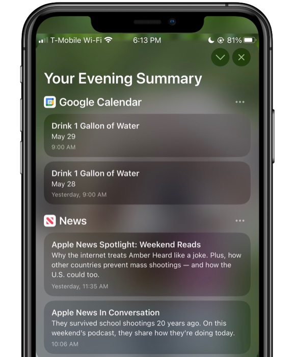 A phone screen shows a summary of your evening