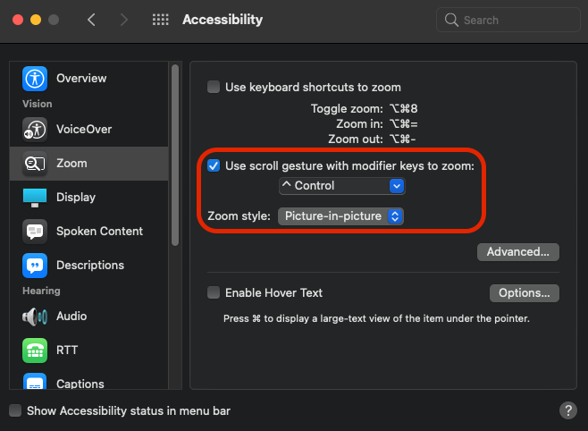 A screenshot of the accessibility settings on a mac