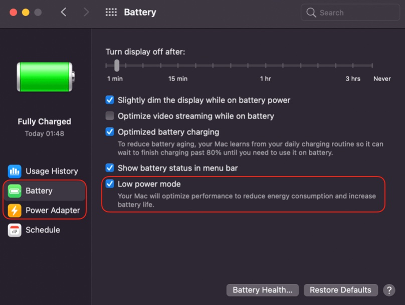 A screenshot of the battery screen on a mac