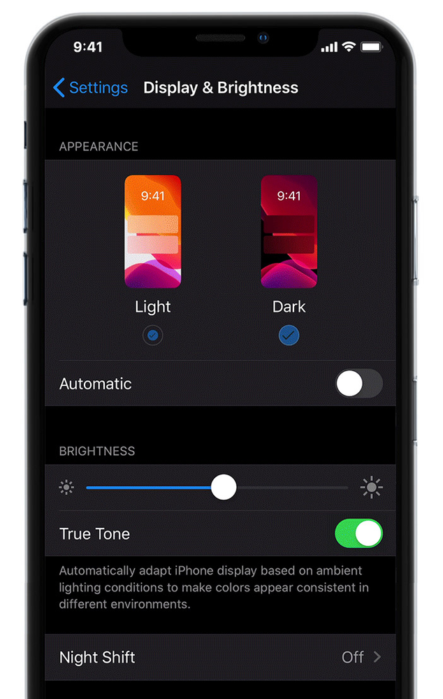 A screenshot of the display and brightness settings on an iphone.