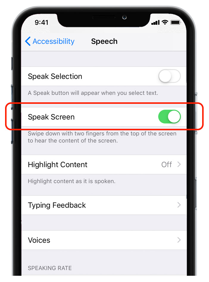 A screenshot of the speech settings on an iphone.