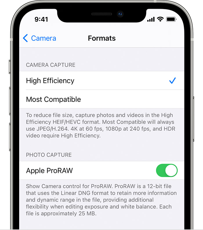A screenshot of the camera settings on an iphone.