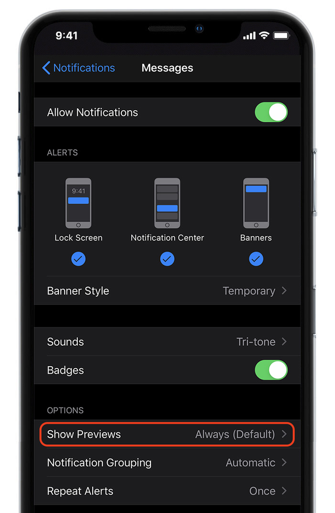 A screenshot of the notification settings on an iphone.