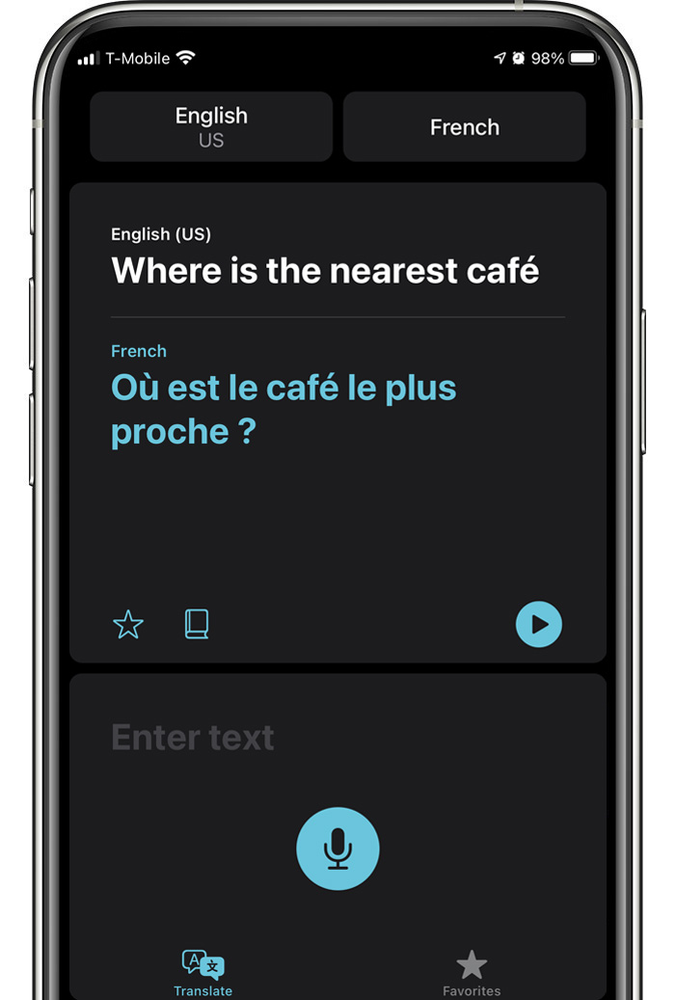 A cell phone with a translator app on it that says `` where is the nearest cafe ''.