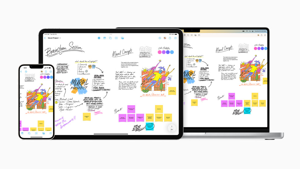 A laptop , tablet , and cell phone displaying a whiteboard with sticky notes on it.