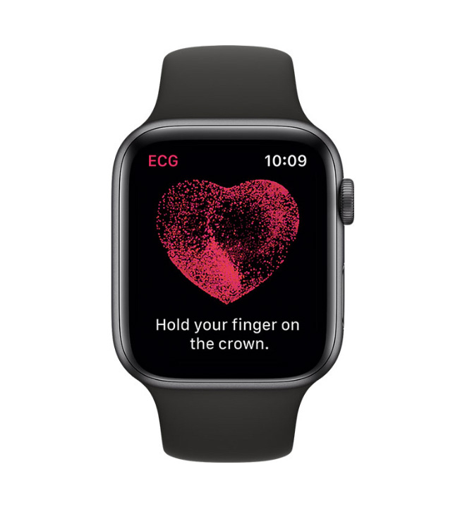 An apple watch with a heart on the screen.