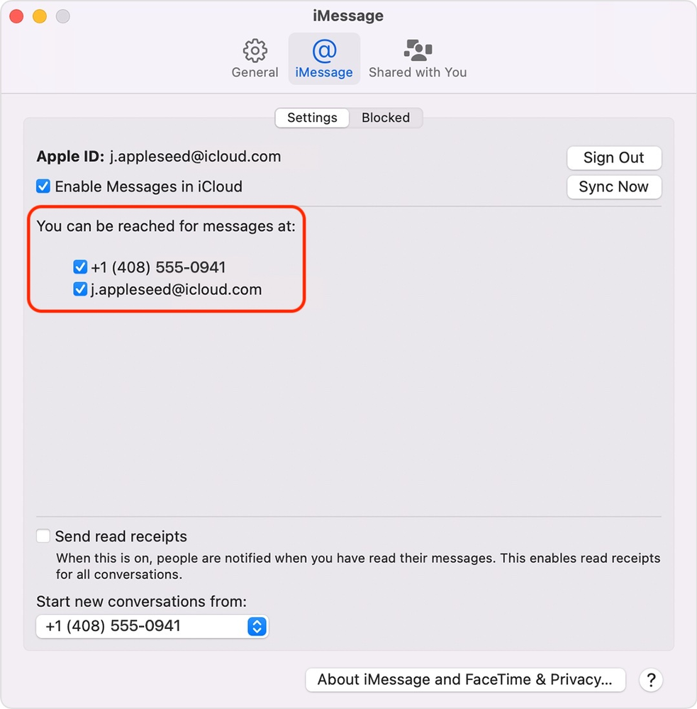 A screenshot of the imessage settings on a mac