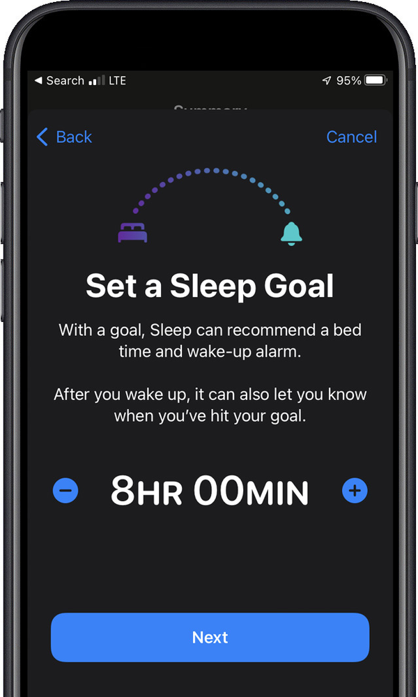 A cell phone is displaying a screen that says `` set a sleep goal ''.