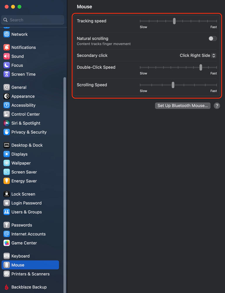 A screenshot of a computer screen showing the settings for a mouse
