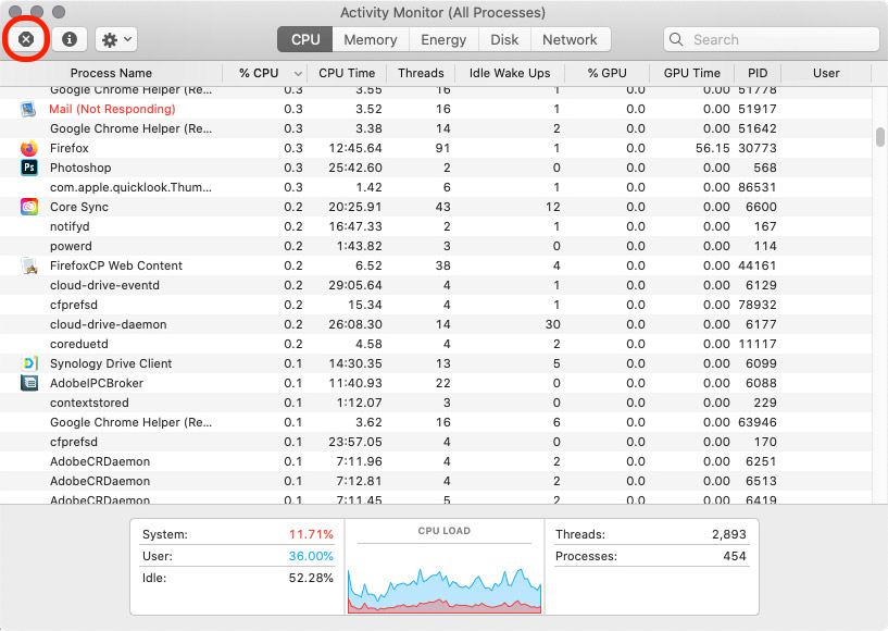 A computer screen shows a list of processes and their cpu usage