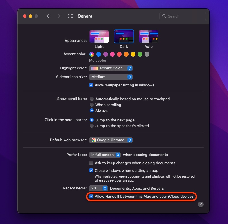 A screenshot of the general settings on a mac