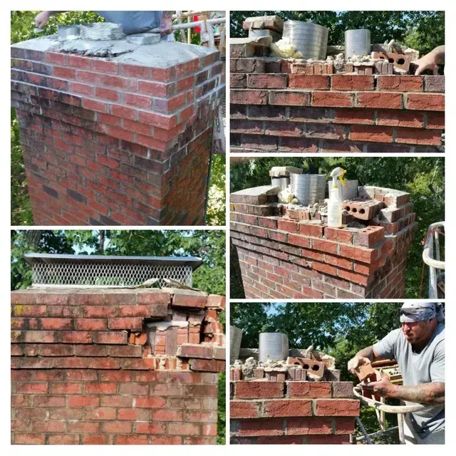 Chimney repair in progress: a worker laying bricks. Various stages of construction are shown.
