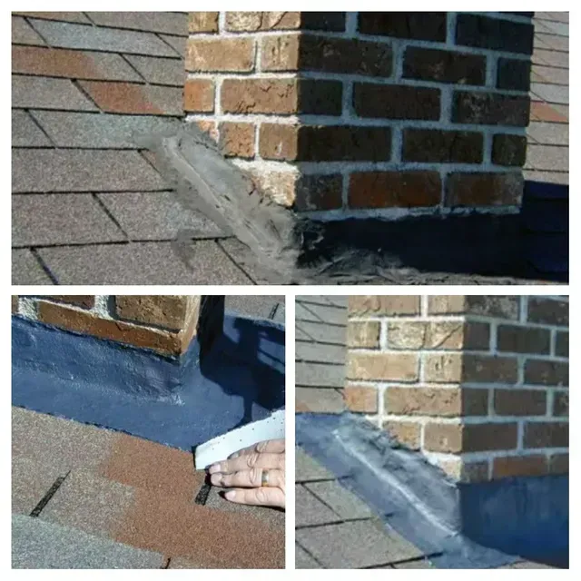 Chimney flashing being sealed to the roof with asphalt sealant. Close-up on the brick chimney and shingles.