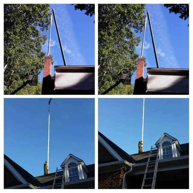 Four images of a tall, white pole on a house chimney, set against a bright blue sky.