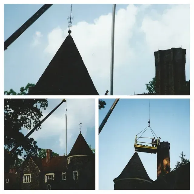 Three views of a castle under construction, with cranes, scaffolding, and workers.