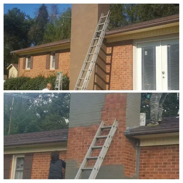 Two-panel photo: Chimney painting. Ladder on brick chimney. Top: Chimney is brown. Bottom: Chimney is partially painted gray.