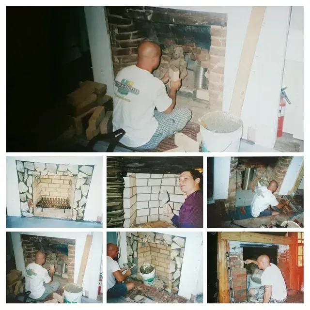 Man repairing a brick fireplace, shown in multiple stages of construction.