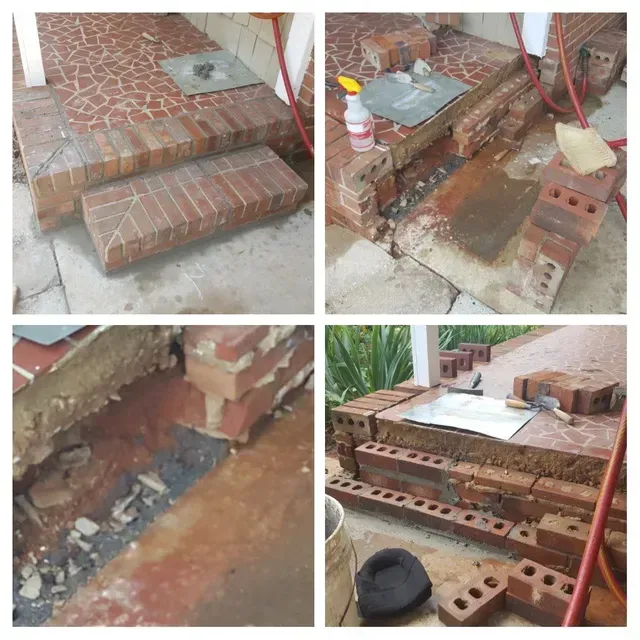 Four photos show a brick step repair. Bricks and mortar are being used to rebuild the steps on a patio. Four photos show a brick step repair. Bricks and mortar are being used to rebuild the steps on a patio.