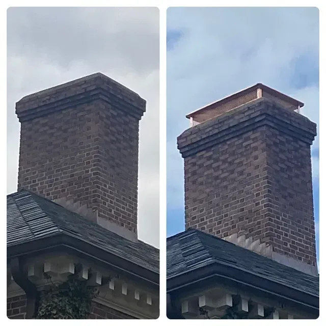 Two side-by-side images of a brick chimney on a building. The first has a flat top, the second a newly added cap.
