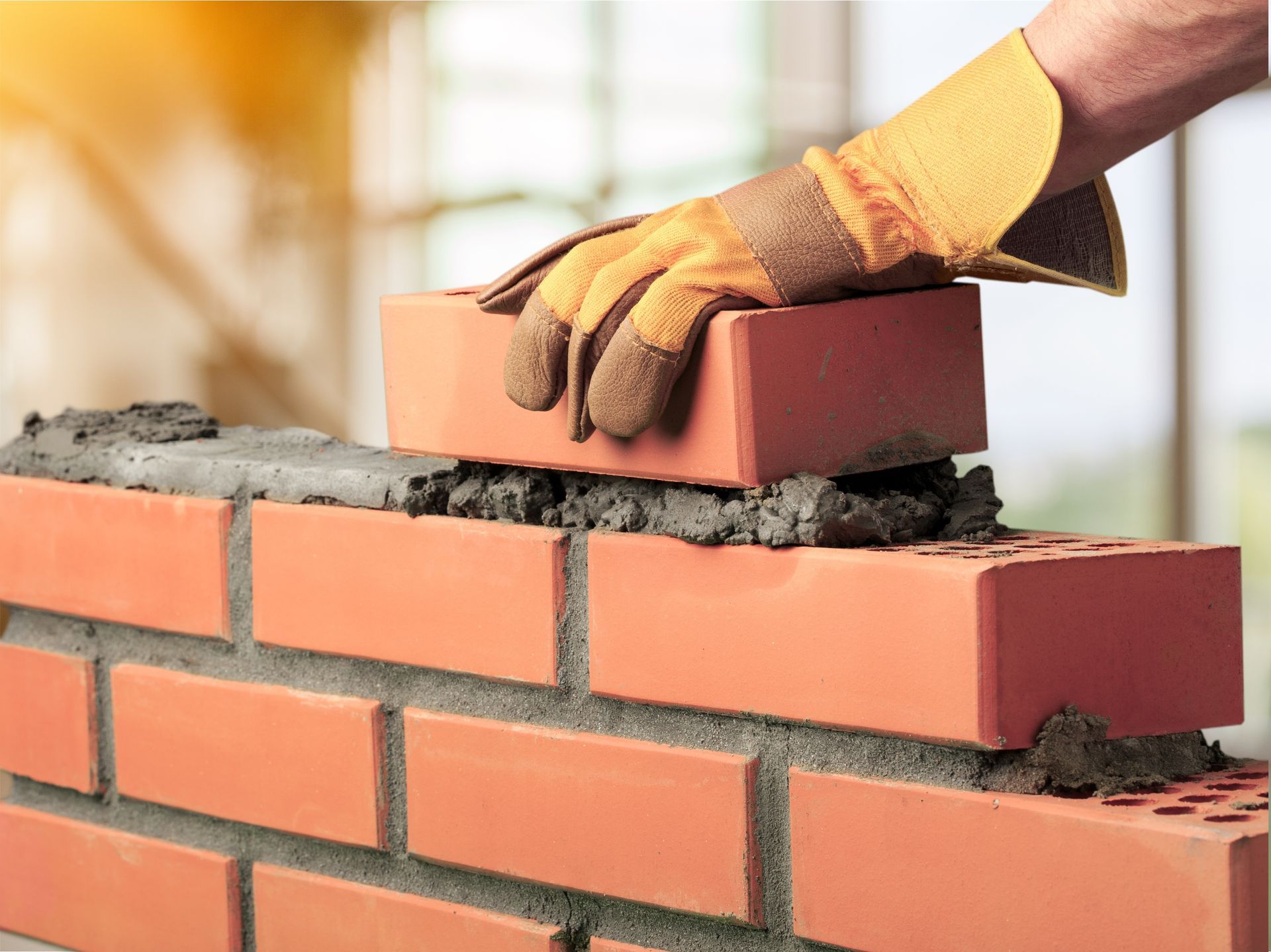 Person wearing gloves laying a brick on a partially built brick wall.
