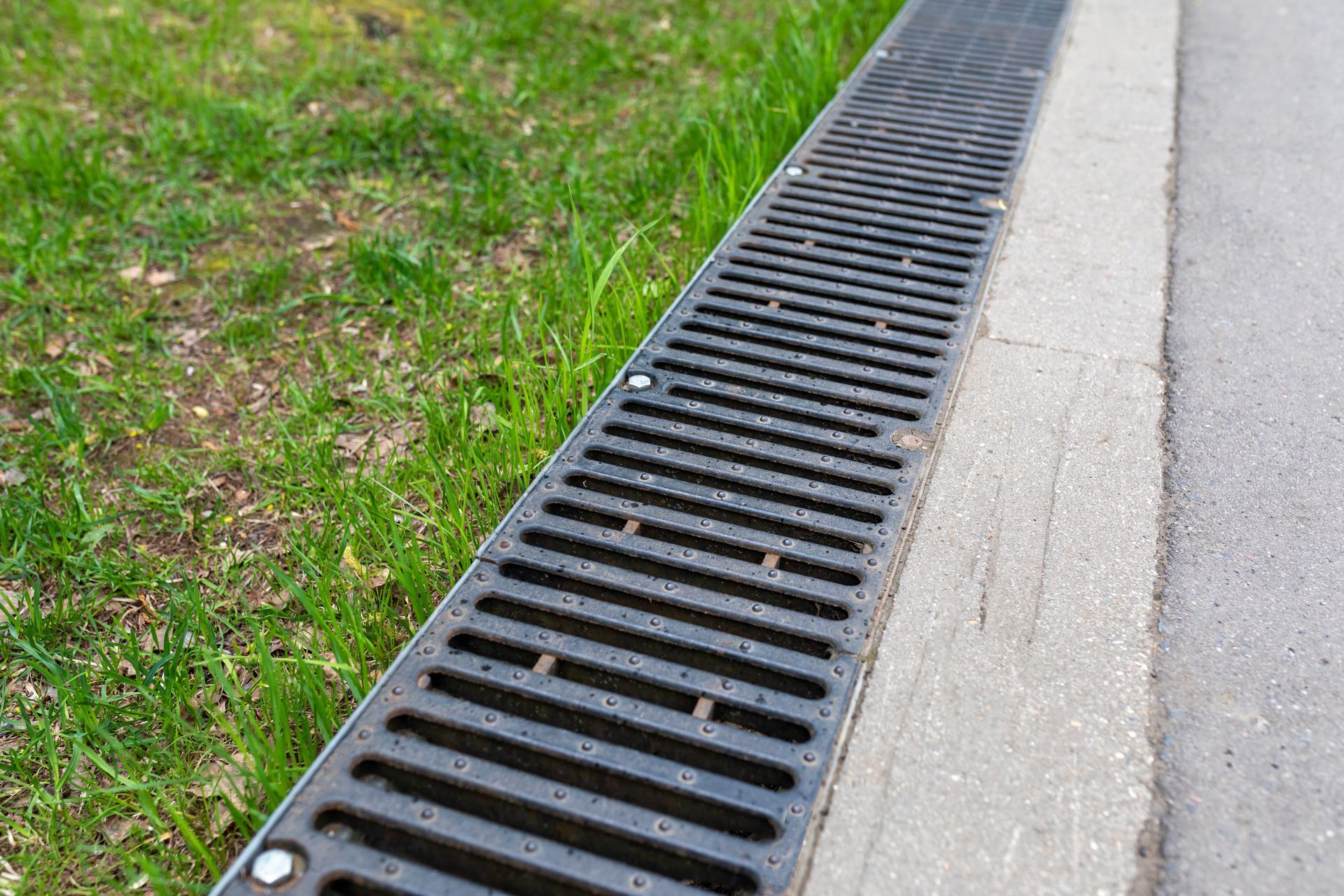 Black grated drain alongside a concrete curb next to grass.
