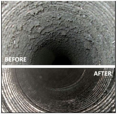 Comparison of air duct before and after cleaning: heavily soiled vs. clean metal interior.